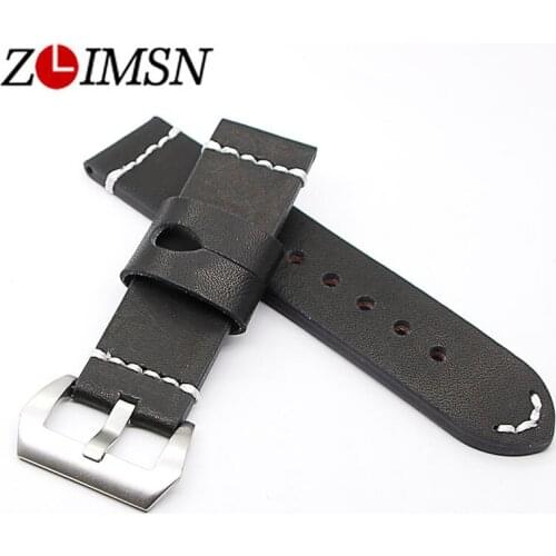 ZLIMSN New Genuine Leather Watch Band Strap black White line Bracelet 24mm Suitable for Panerai watch accessories Watchbands