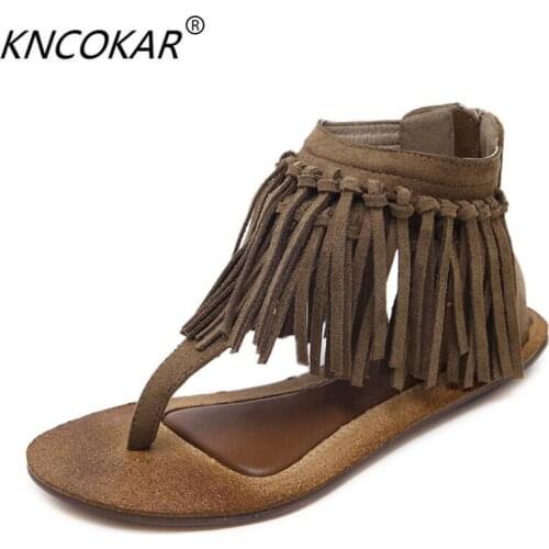 New high comfort peoples sandals in 2017 retro tassel sandals summer Roman flat leather shoes