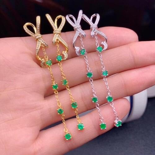 Graceful green emerald stud earrings with long chain for women real natural gem 925 silver girl date party gift gold plated