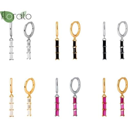 Rose red/Black/White Crystal Hanging Huggies Hoop Earrings for Women 925 Sterling Silver Charming CZ Earrings Females Jewelry