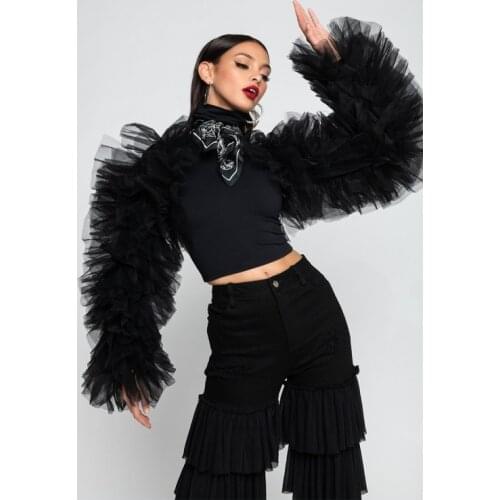 Black Ruffles Tulle Long Sleeves Tops Fashion Party Top Womens Summer Close топ женский топ