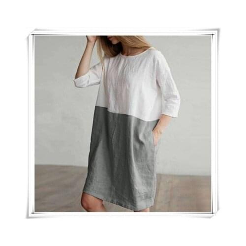 Loose Pockets Tunic Women Dress Elegant Sun Dress Women Summer 2021 Casual Patchwork 1/2 Sleeved Cotton Linen Dress Oversize