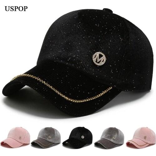 USPOP New Winter Caps Women Diamond Letter Embroidery Caps Solid Color Warm Corduroy Baseball Caps