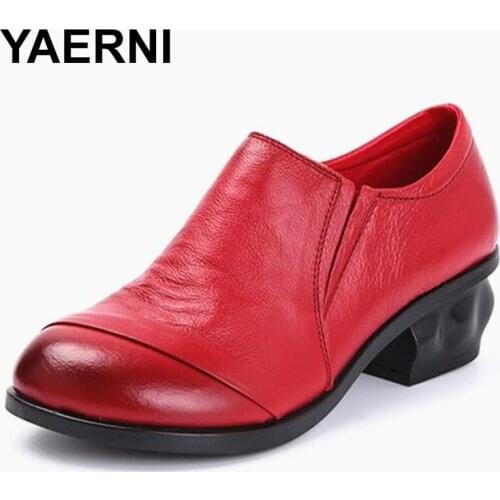 YAERNI 2018AUTUMN WOMEN GENUINE LEAHTER CASUAL SHOES THICK HEEL FEMALE SHOES SIZE 35-40 E425