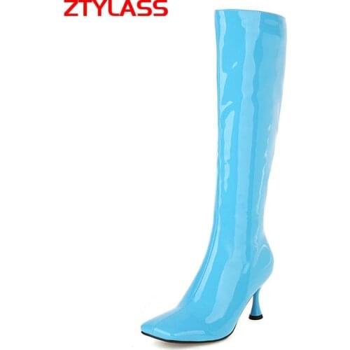 2021 Sexy Patent Leather Women Boots Autumn Winter Knee High Boots Fashion Square Toe High Heel Long Boots Candy Color Shoes
