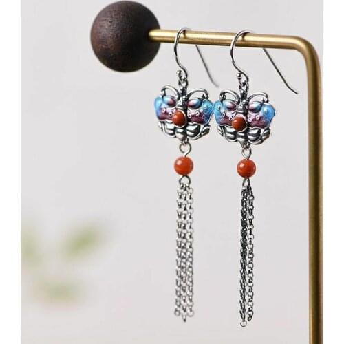 Southern Red Agate Earrings Womens S925 Sterling Silver Ornament Vintage Chinese Fashion Burnt Blue Butterfly Long Tassel Earri