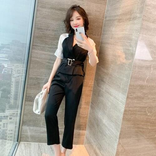 Awarose Ladies Office Elegant Suit High Waist Belt Patchwork Top Cropped Trousers Women 2 Two Piece Black Set Casual Pant Female