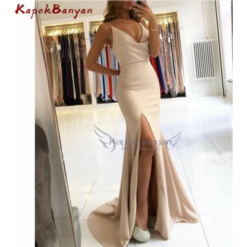 Spaghetti Straps Satin Long Mermaid Prom Dress Side Split Sweep Train Evening Party Gown Custom Made