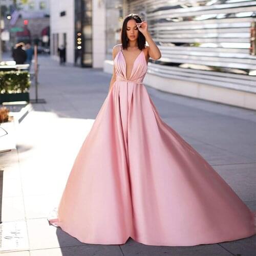 Custom Made Princess Red Carpet Party Dress Deep V-Neck Sleeveless Pink Spaghetti Strap Backless Prom Dress