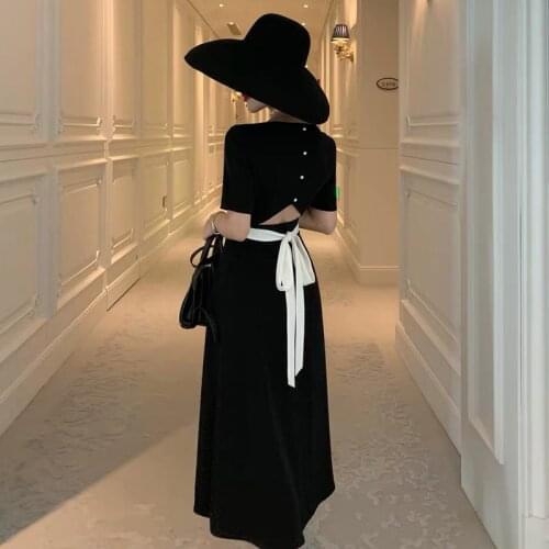 Women Elegant Hollow Out Waist Belted Dress Female Casual Vintage Slim Square Collar Midi Dress Temperament Dress Vestidos