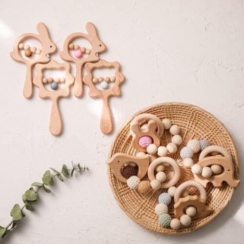 2PCS Wooden Rattles Toys Bed Bell Baby Teether Bracelet Rodent Beading Beech Musical Newborn Educational Toys