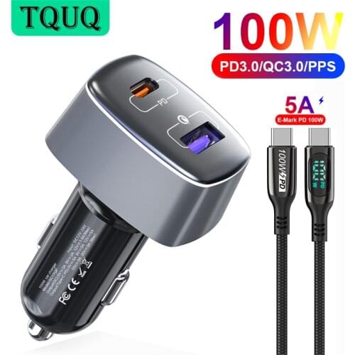 TQUQ 100W USB C Car Charger,2port PPS/PD 100W 65W/45W/30W/20W QC3.0 18W for Xiaomi Huawei Samsung Type C Laptop Tablet iPhone 12