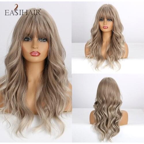 EASIHAIR Long Grey Ombre Wigs with Bangs Womens Wig Synthetic Wavy Heat Resistant Wigs for Women Daily Natural Fake Hair