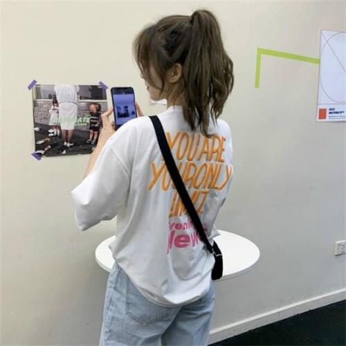 Retro Loose Letter Print Tshirt Female Korean Harajuku Womens T-shirts Tops Japanese Kawaii Ladies Ulzzang Clothes For Women