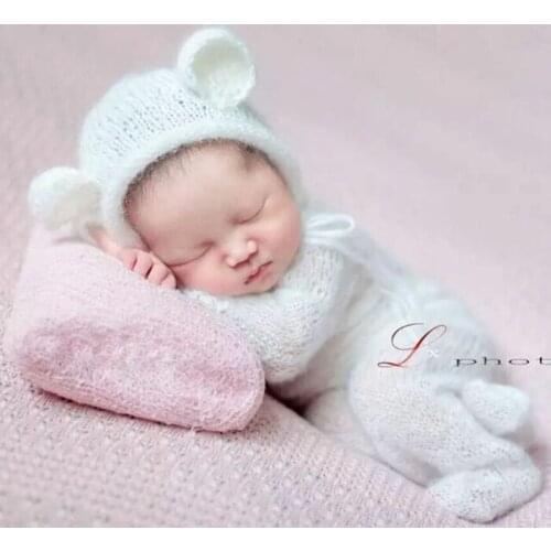 Handknit Rolled Edge Bear Hat Newborn Mohair Romper Set Baby Onesie Footed Romper Baby Clothes Newborn Pants Photogrpahy Props