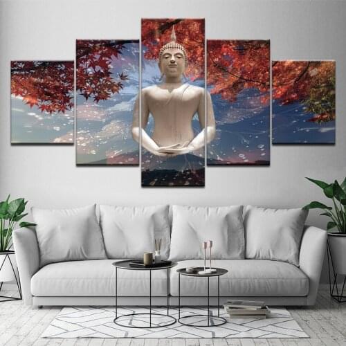 Canvas Painting Buddha under the Maple tree 5 Pieces Wall Art Painting Modular Wallpapers Poster Print living room Home Decor