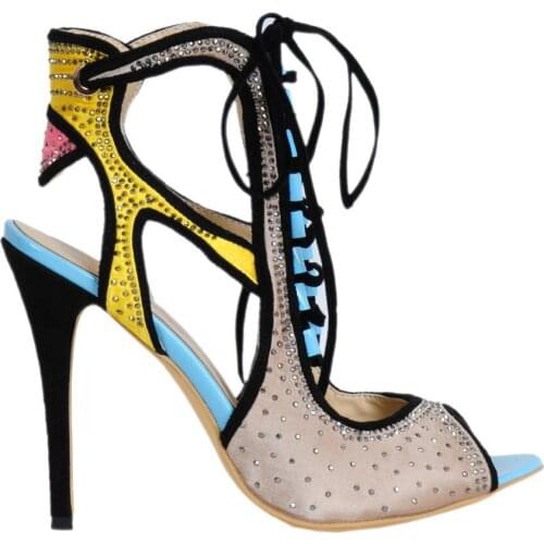 Hot Women Crystal Drilled Satin Women Patchwork Sandals Ladies Mixed Colors Lace up High Heel Gladiator Sandals Party Shoes