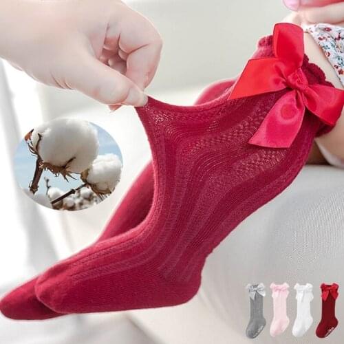 Socks kids cotton spring autumn girls long sock over knee high bow baby winter girls ruffle toddler shoes socks girls Pink White