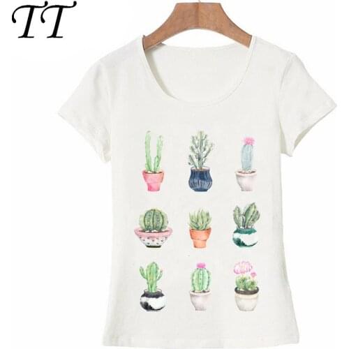New Summer Women t-shirt Potted Succulents Art T-Shirt Cactus Watercolor Print Tops female Tee Cute girl Camisetas T Shirts