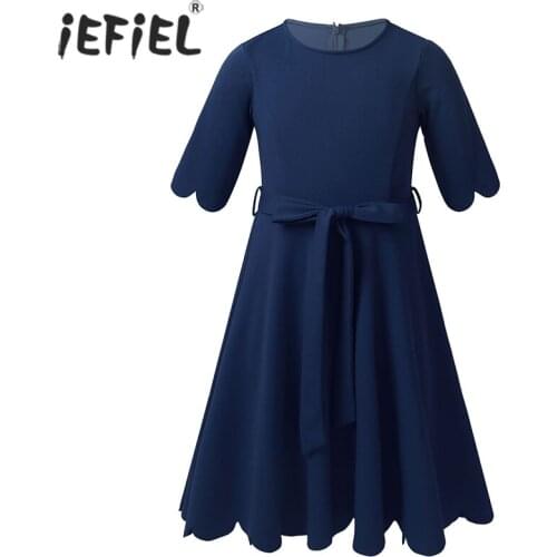 New 3/4 Sleeves Girls Party Dress Scalloped Edge A-line Knee Length Belted Dress Kids Dresses for Casual Banquet Daily Wear
