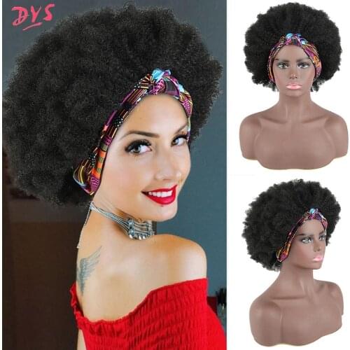 Deyngs Afro Kinky Curly Wig Synthetic Fluffy Hair Wigs Wrapwig 2 in 1 Headwrap wig Drawstring Afro Curly Wigs Party Cosplay Wigs