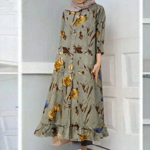 Retro Women Dress O-Neck Ruffle Hem Midi Dress Women Floral Print Button Up Party Dress Floral Print Vestiods Kaftan Robe 4XL