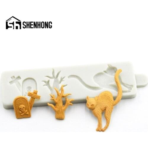 SHENHONG Black Cat Witch Biscuits Chocolate Candy Sugar Craft Silicone Fondant Cake Mold Halloween Tombstone Decorating Mould
