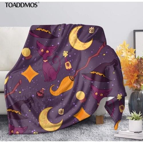 TOADDMOS Halloween Moon Cat Witch Hat Broom Print Fleece Blanket Comfort Thin Bed Quilt for Kids Adults Sofa Throw Blanket manta