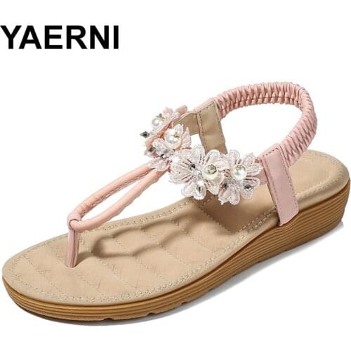 YAERNI sandals chain pearl elastic band summer bohemia women flat shoes open toe casual shoes flower pearls roman sandals travel