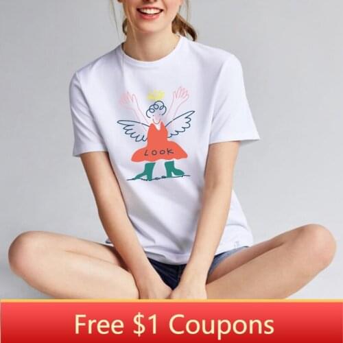 BLINGPAW Funny tshirt Women Summer Cartoon Print T-shirt Plus Size White O-Neck Custom Design Women Clothes 2019