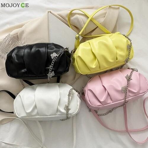 Retro Women Pleated Cloud PU Leather Shoulder Crossbody Messenger Bag Casual Ladies Solid Color Butterfly Chain Small Purse Hand