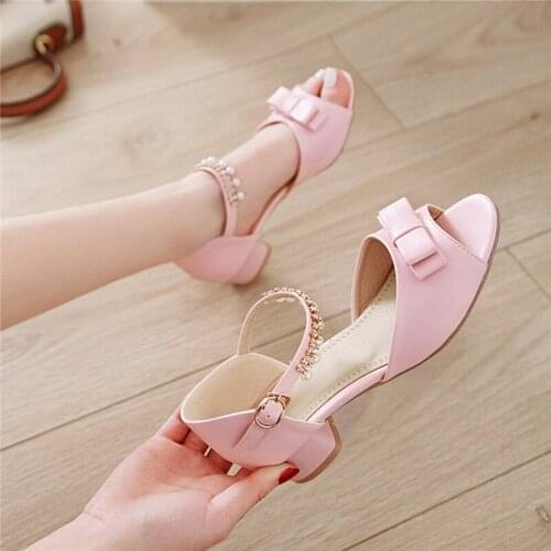 YMECHIC Summer 2019 White Beige Pink Crystal Tassel Bead Cover Heel Peep Toe Bow Sandals Chunky Low Heels Cute Shoes for Women