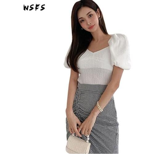 2 Piece Set Summer Dress White Puff Sleeve Tops Women Dresses Bandage Bodycon Sexy Party Black Plaid Draped Skirt Korean Clothes