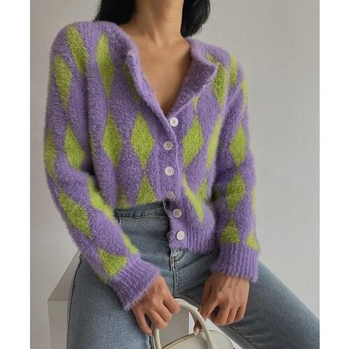 Vintage fashion geometric rhombic cardigan sweater Women O Neck fashion warm Loose long sleeve outerwear chic england style Coat