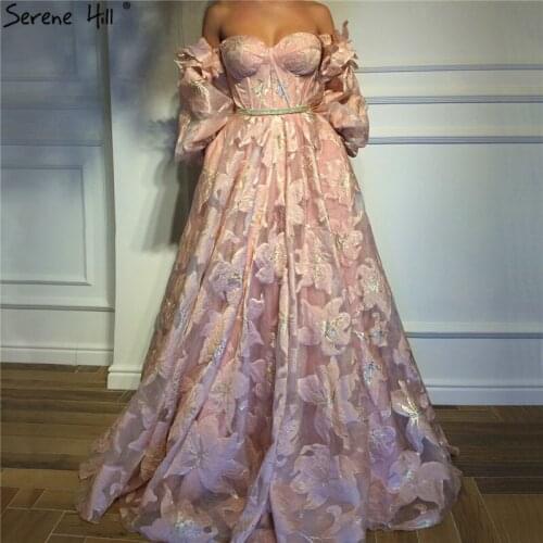 2020 New Pink Off Shoulder Sexy Evening Dresses Handmade Flower Long Sleeve Beach Evening Gowns Long Robe De Soiree LA60705
