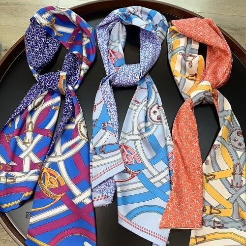160*20cm New Style All-match Leather Belt Printing Twill Weave Silk Womens Long Scarves