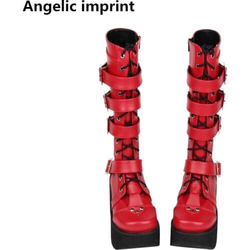 Angelic imprint mori girl Women shoes lady lolita punk motorcycle Boots woman high trifle heel pumps platform shoes 33-47 buckle