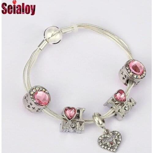 Seialoy New Multi Snake Chain Bracelets For Women Girl Original I Love Mom Charm Heart Beads Bracelet & Bangle Jewelry Gift