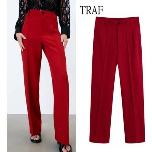 TRAF Za Women Pants 2021 Autumn Red Straight Pants Woman Vintage High Waist Zipper Office Lady Trouser Suits For Women Trousers