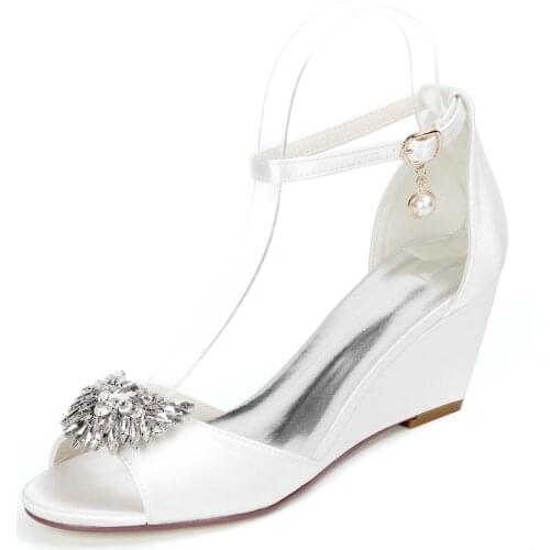 Elegant Lady Wedges Satin Evening Dress Sandals with Ankle Strap Crystal Brooch Summer Beach Wedding Bridal Shoes Open Toe Pump