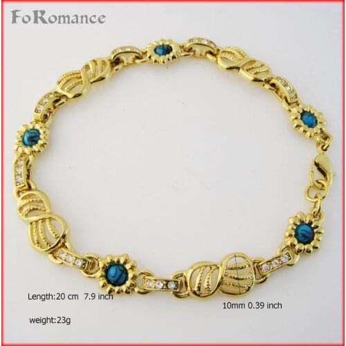 FOROMANCE/ 7.9" LADY YELLOW GOLD GP OVERLAY BLUE STONE PEANUT FLOWER PART LINK BRACELET BANGLE 10MM WIDE CHAIN