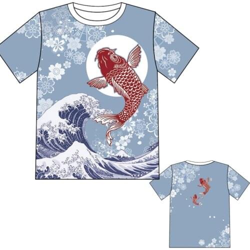 Mens T-shirt Japanese Anime Summer Tops & Tees Colorful Printed With Wave Carp Fish Short Seeve