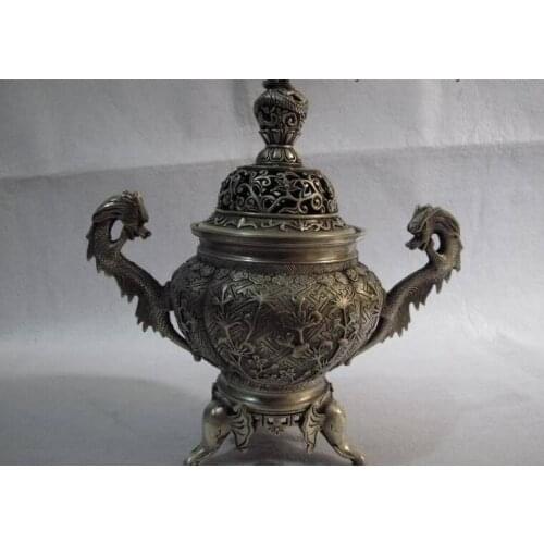 Chinese bronze silver-gilt Dragon 3 elephant Leg flower censer incense burner