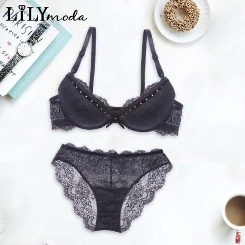 Women Luxury Rhinestone Floral Lace Bra and Underwear Panty Set Push Up 3/4 Cup Brassiere Sexy Ladies Bra Brief Sets Lingerie