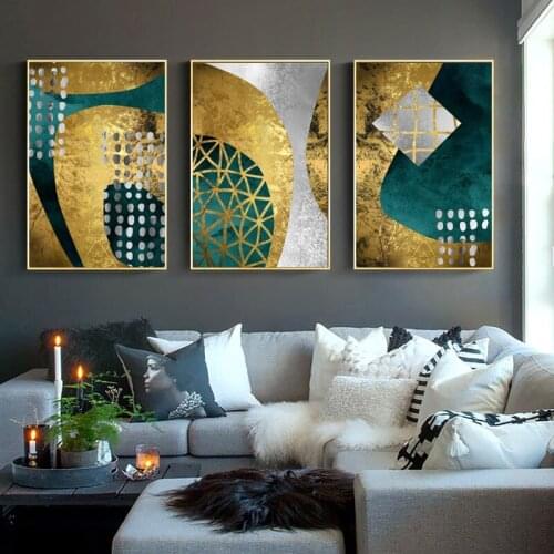 Creative Golden and Blue Abstract Art Posters and Prints Wall Art Canvas Painting Wall Pictures for Living Room Decor No Frame