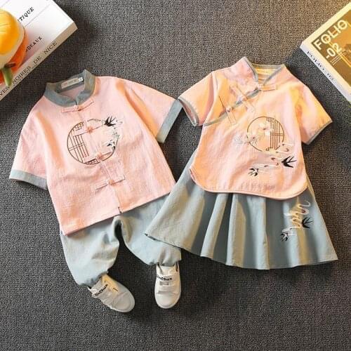 Girls Summer Clothes Kinderkleding Meisjes Outfits Boys Clothing Sets Chinese Style 2 Pieces Sisters Children Brothers