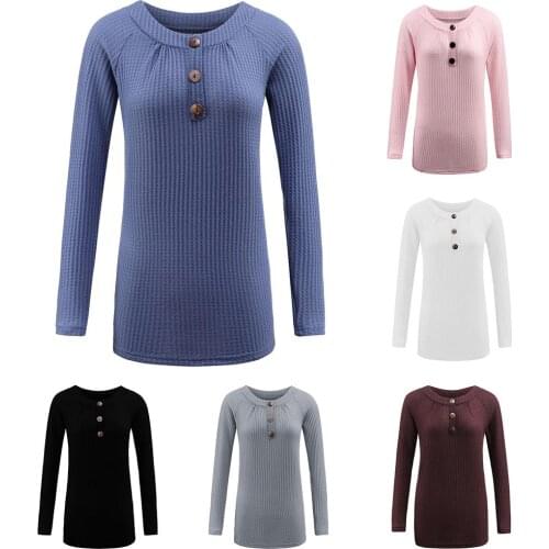 Fashion Women Crew Neck Long Sleeve Solid Color Button Casual T Shirt Top