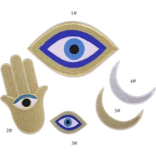 1 Set (5pcs) Gold Hamsa Hand Moon Evil Eye Embroidered Iron on Patches for Clothes DIY Garment Accessories
