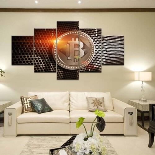 Wall Art Modern Home Decor Living Room Canvas Modular Pictures 5 Panel Symbol Currency Bitcoin Framed Poster HD Print Paintings