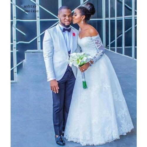 Modest African Long Sleeves Cheap Wedding Dresses 2020 Vestido De Noiva A Line Tulle Lace Bridal Gowns Black Girls Women Dress
